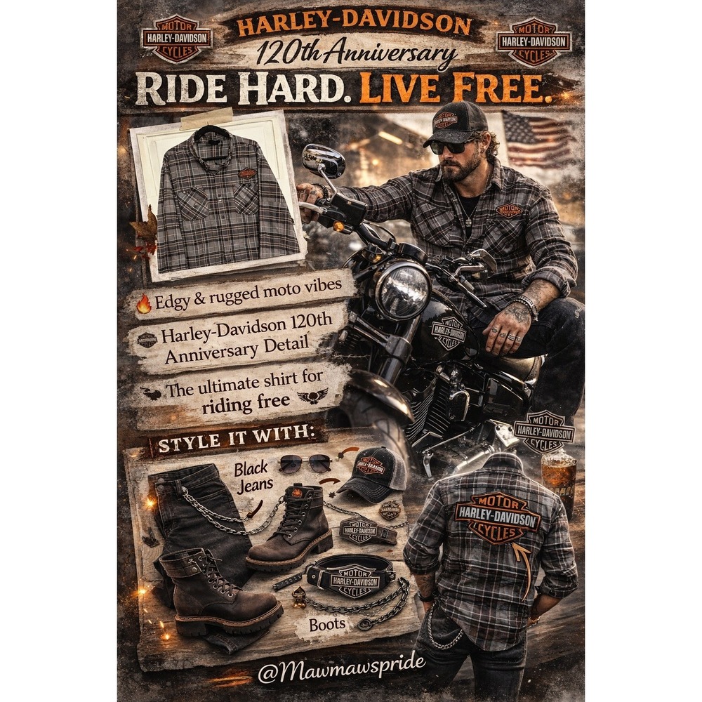 Harley-Davidson 120th Anniversary Plaid Button Down‎ Shirt 2XL Grey Moto Flannel